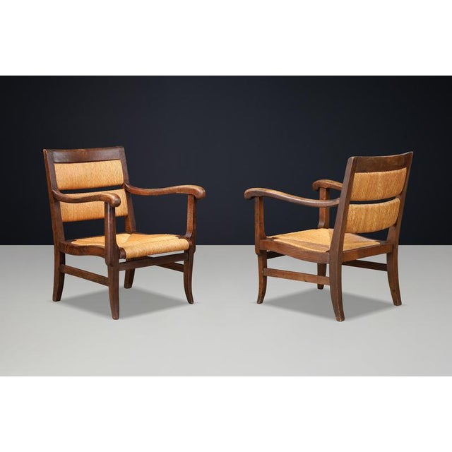 French Lounge Chairs in Oak and Rush, 1950s, Set of 2 For Sale - Image 3 of 10