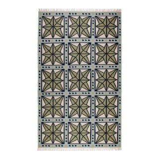 Part & Parcel Goods Wool Star Rug, 8' x 10', Sage, Navy, Sky Blue and Eggshell For Sale