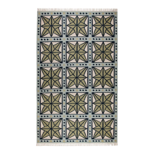 Part & Parcel Goods Wool Star Rug, 8' x 10', Sage, Navy, Sky Blue and Eggshell For Sale