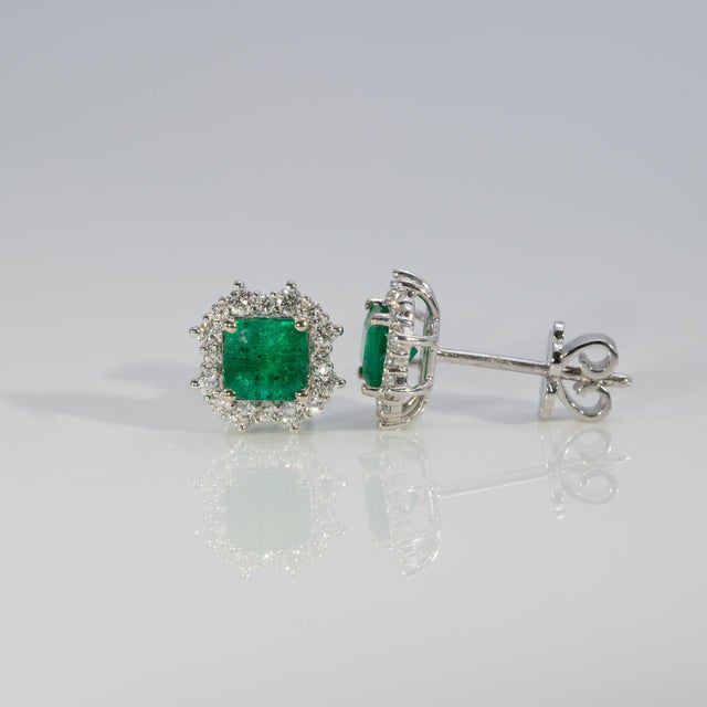 Colombian Emerald Earrings With Earth-Mined Diamond Accents: Solid 14k Gold, 5mm For Sale - Image 4 of 7
