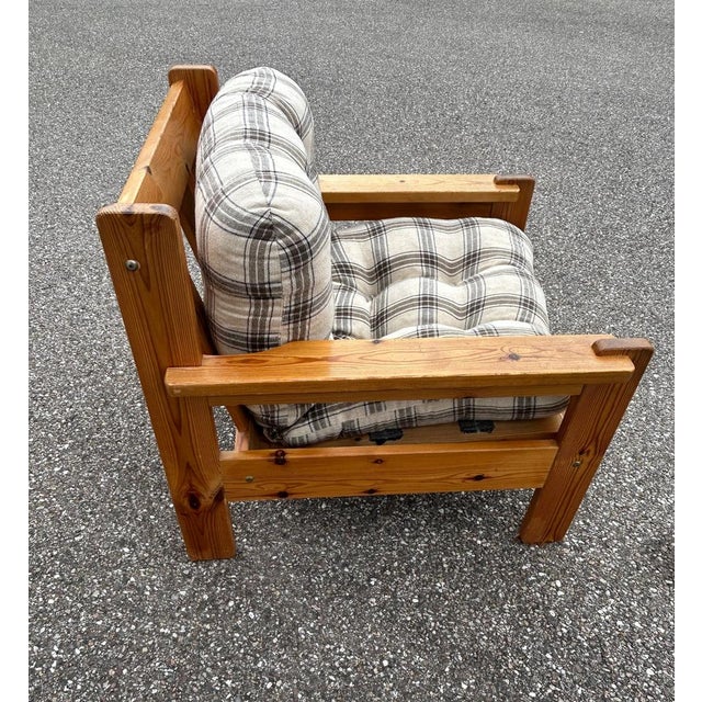 1970s pine armchair with a brutalist design Original seat, washed and undamaged
