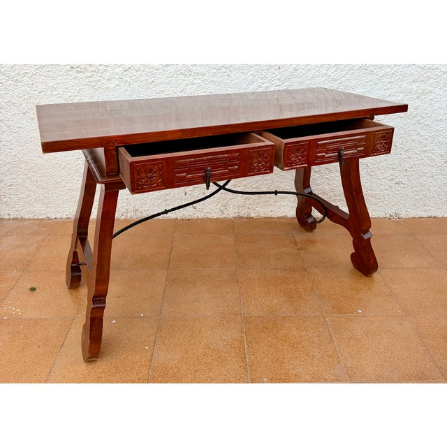 Spanish Baroque Style Carved Wooden Console Table with Wrought Iron Stretcher, 1930 For Sale - Image 4 of 10