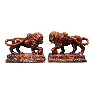 Antique Rockingham Pottery Sculptures of the Medici Lions - a Pair For Sale
