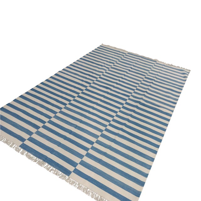 Not Yet Made - Made To Order Handmade Cotton Striped Rug, Washed Blue and White - 10'x14' For Sale