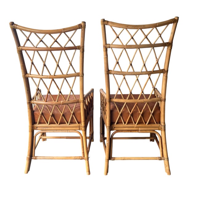 Wood Vintage Palecek High Back Arm Chairs With Leather Seats, a Pair For Sale - Image 7 of 16