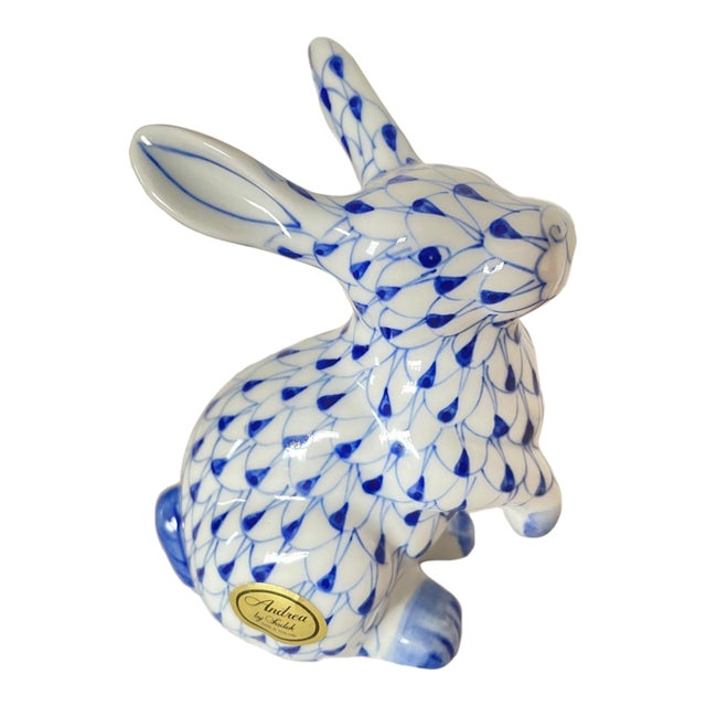 Vintage Andrea by Sadek Hand-Painted Blue Fishnet Easter Bunny Porcelain Figurine For Sale