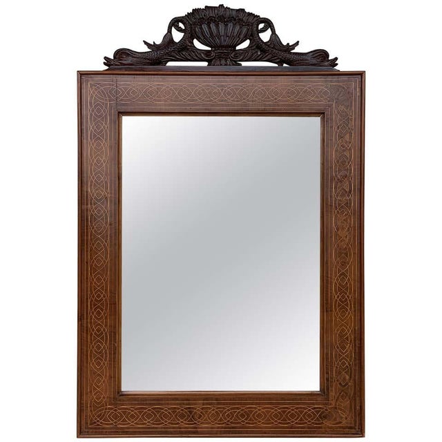 Antique Geometrical Marquetry Inlaid Mahogany Mirror With Ebonized Carved Crest For Sale - Image 10 of 10