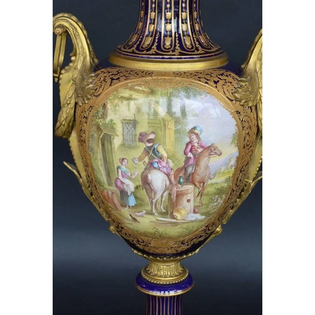 Large, French, Blue royal hand-painted porcelain serves vase. Late 19th Century. 41" H x 16.5" D