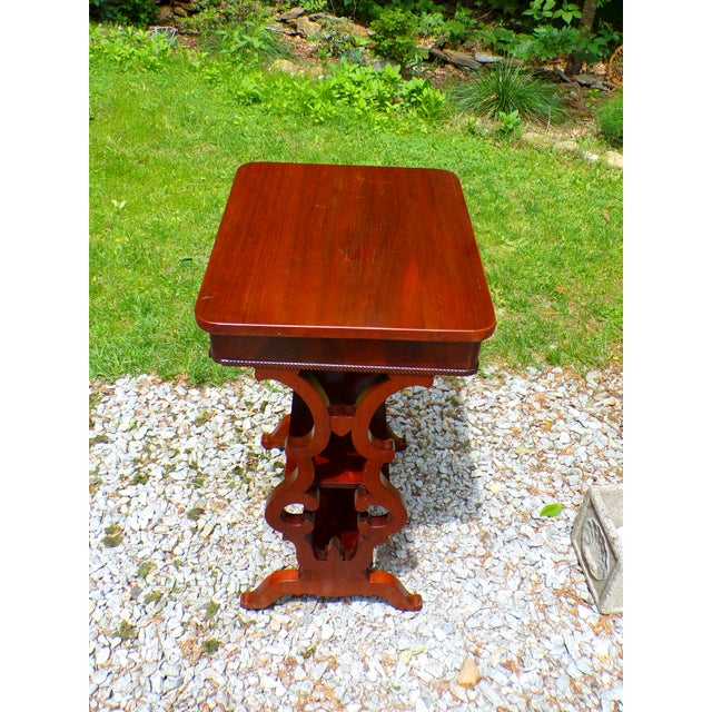 Late 19th Century Antique Mahogany Empire Victorian Gothic Revival Trestle Lyre Nightstand Table For Sale - Image 5 of 18