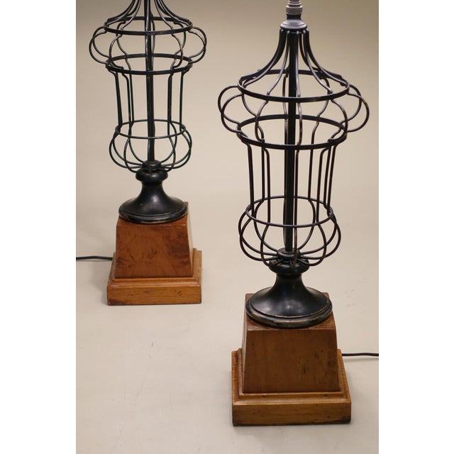 1930s 1930s French Empire Neoclassical Wire Urn Cage Brass Wood Table Lamps - a Pair For Sale - Image 5 of 11