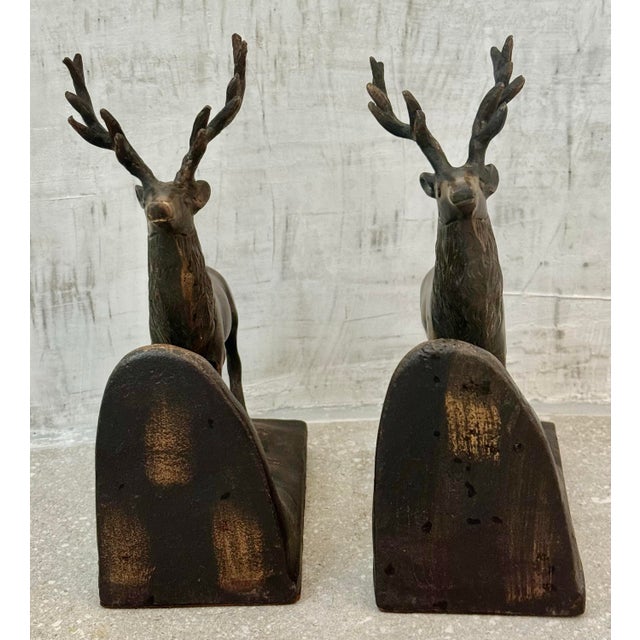 Early 20th Century Vintage Sculptural Bronze-Clad Cast Iron Elk, Stag, Deer With Antlers Bookends- A Pair For Sale - Image 5 of 12