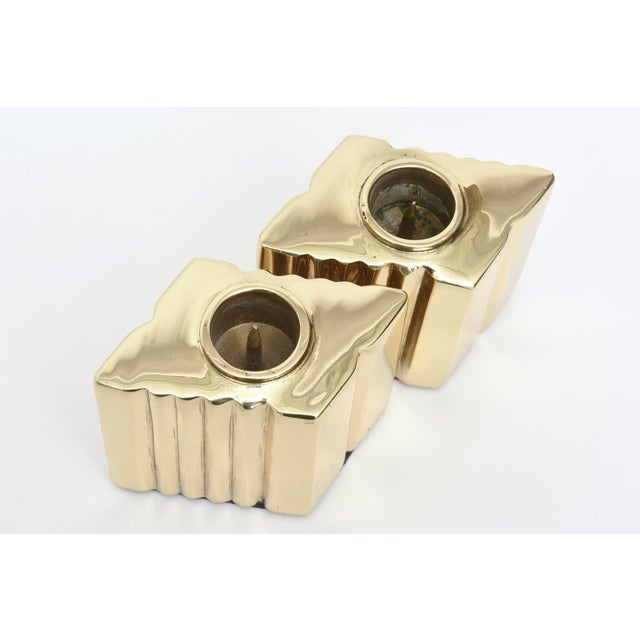 1970s Vintage Brass Sculptural Diamond Shaped Candlesticks Pair Of, 1970's For Sale - Image 5 of 9