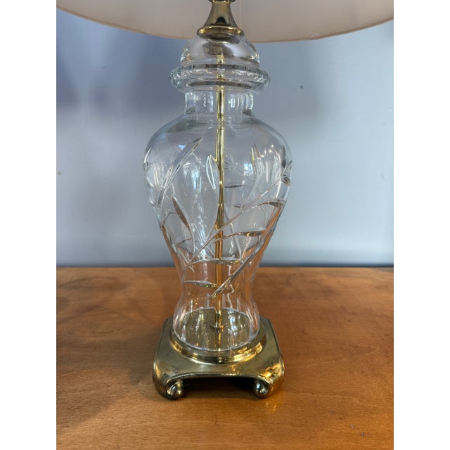 Vintage Pair Cut Crystal and Brass Table Lamps With Pleated Silk Shades For Sale - Image 4 of 18