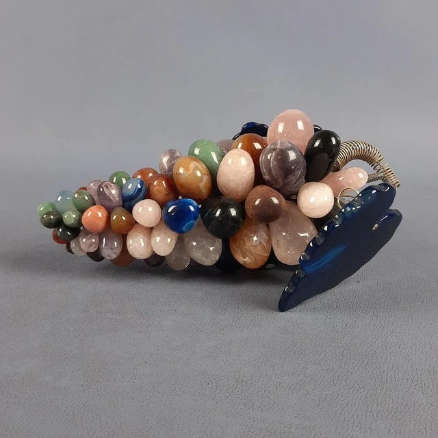 Vintage Bunch of Grapes Sculpture in Various Natural Hard Stones and Blue Agate Leaves, 1960s For Sale - Image 6 of 12