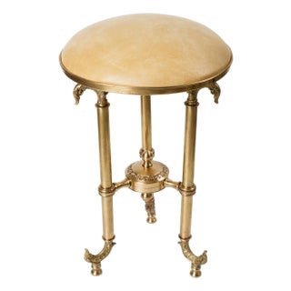 Vintage Cast Brass Vanity Stool – Neoclassical Style With Faux Leather Seat For Sale