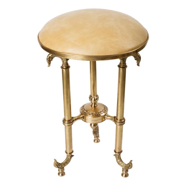 Vintage Cast Brass Vanity Stool – Neoclassical Style With Faux Leather Seat For Sale
