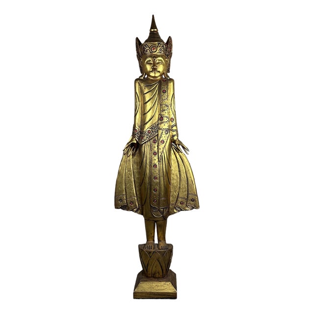 Burmese Mandalay Buddha in Gilded Carved Wood, 1970s For Sale