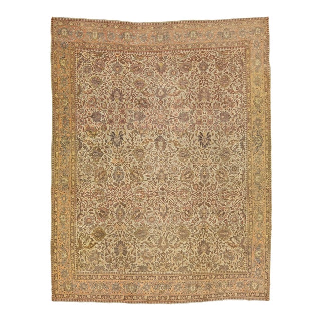Handmade Antique Beige Wool Rug Persian Tabriz Allover Designed From the 1900s For Sale