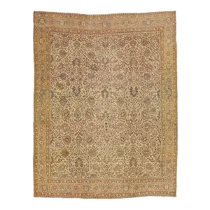 Handmade Antique Beige Wool Rug Persian Tabriz Allover Designed From the 1900s