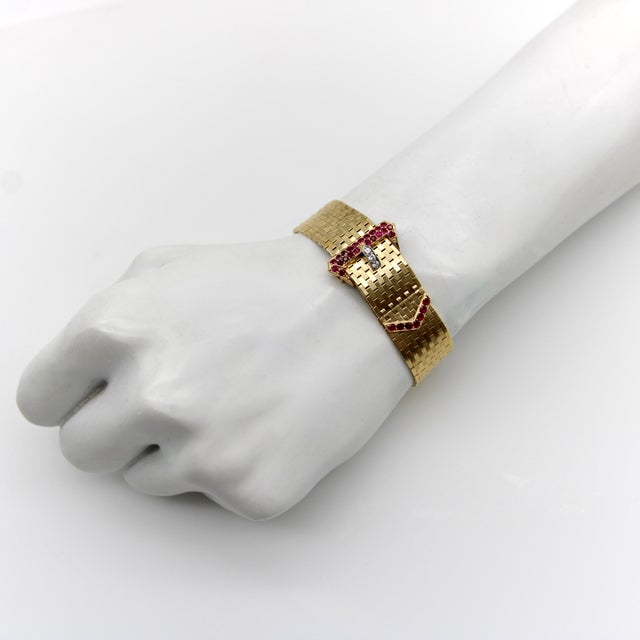 1940s Retro 14k Gold Ruby and Diamond Buckle Bracelet With Brick Link For Sale - Image 11 of 13