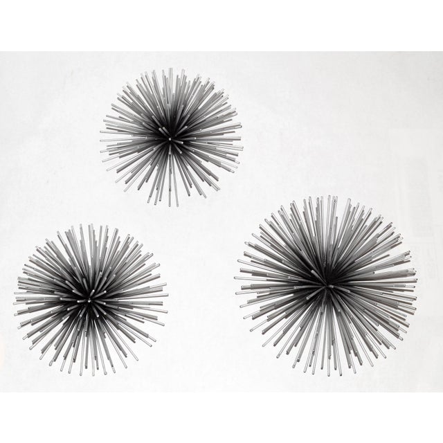 Funky 3 Pieces Steel Pom Pom Wall Art in Silver Finish and black painted Wall Sculpture in the Style of Curtis Jeré....