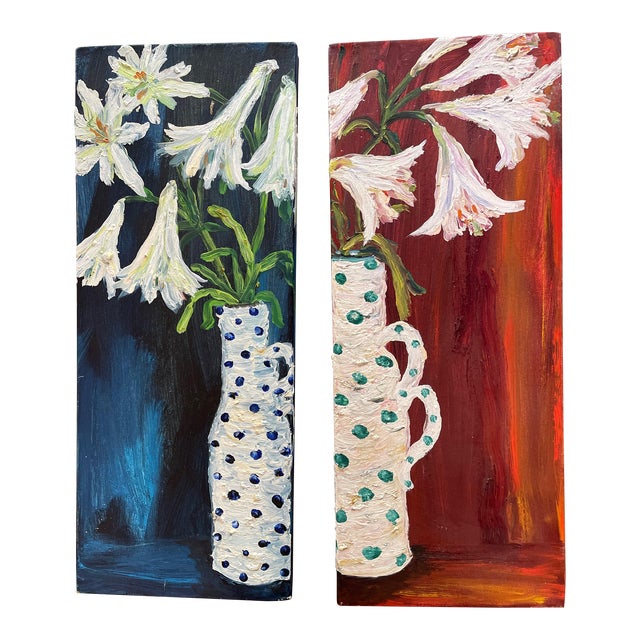 "Blue and Red Lilies in a Jug" Contemporary Diptych Oil Paintings by Lu Wray - Set of 2 For Sale