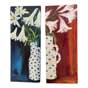 "Blue and Red Lilies in a Jug" Contemporary Diptych Oil Paintings by Lu Wray - Set of 2