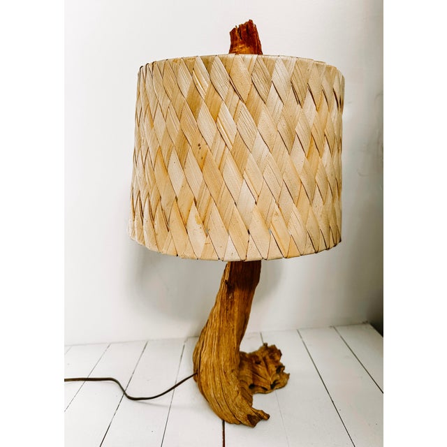 Handmade Folk Art Driftwood Lamp With Woven Shade For Sale - Image 11 of 12