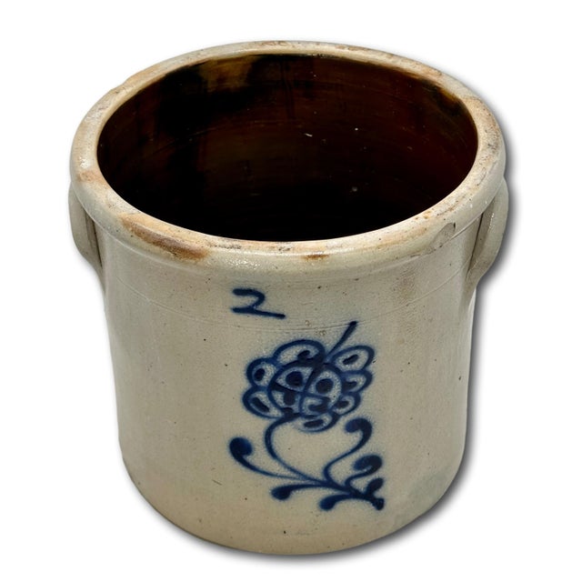 Antique American 2 Gallon Stoneware Storage Crock With Beautiful Hand Decorated Blue Flower Design Circa Mid 1800s For Sale - Image 9 of 18