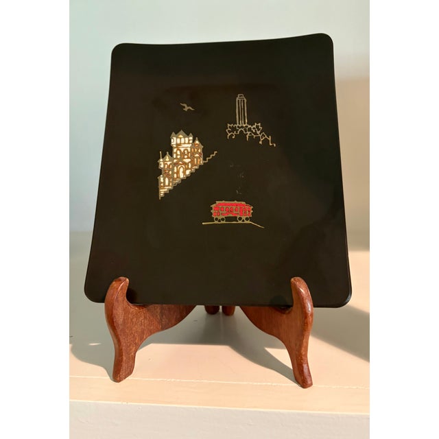 This is a special piece by the Couroc Company of Monterey featuring San Francisco historic places, Lombard Street, a Cable...
