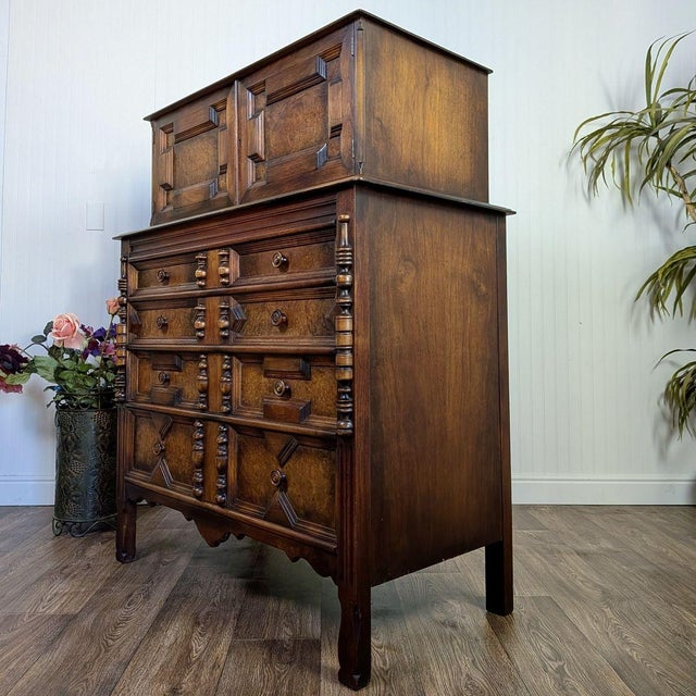 Vintage Burl Wood Spanish Revival Chest-on-Chest Dresser For Sale - Image 11 of 16