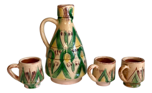 Rustic Folk Art Hand-Painted Glazed Ceramic Hutsul Carafe and Mugs, Ukraine / Romania, 1940s, Set of 4