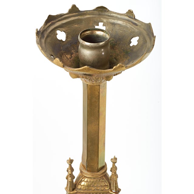 Brass Pair Antique Gothic Cathedral Brass Candlesticks For Sale - Image 8 of 12