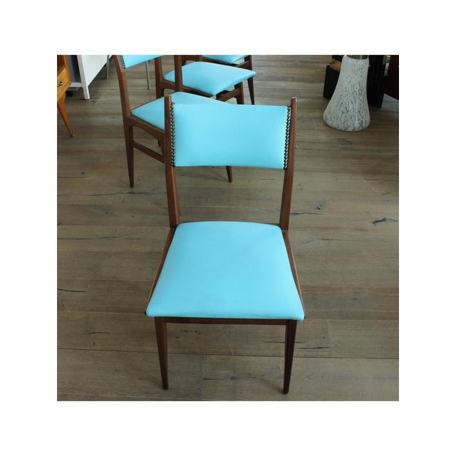 Type Blue skai chairs (set of 4) Date 1960 Origin Italy Materials Skai, Wood Width 43 cm Depth 44 cm Height 88 cm Seat...