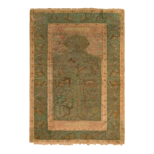 Antique Kayseri Rug in Green and Beige-Brown Floral Pattern For Sale