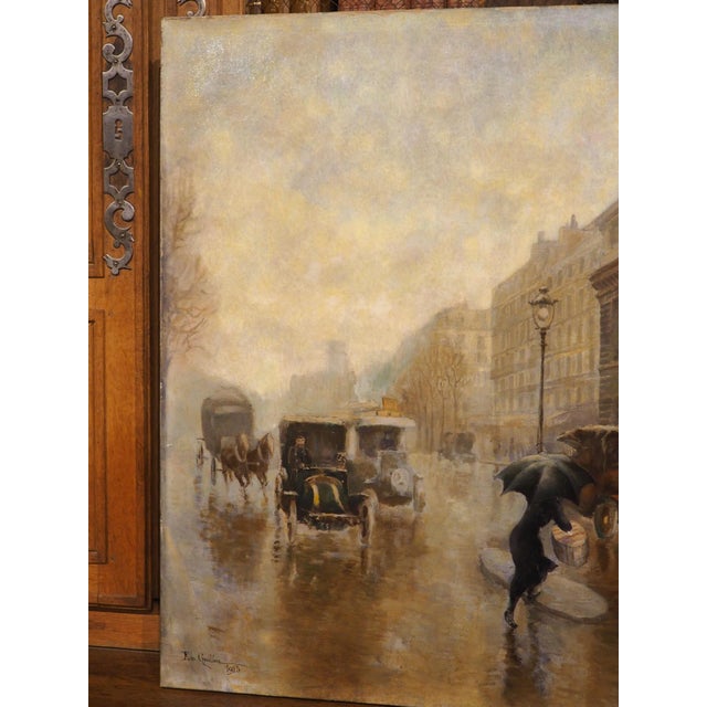 French Antique Parisian Street Scene Oil on Canvas Painting of Porte Saint-Martin, 1913 For Sale - Image 3 of 16