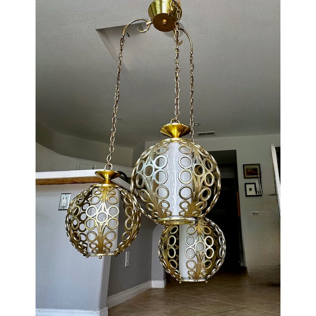 Trio (3) Mid-Century Hollywood Regency Pierced Brass Cluster Pendant Chandelier $4,500 For Sale - Image 9 of 18