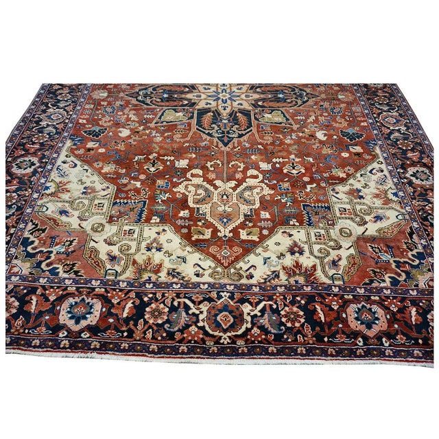 Persian Vintage Persian Heriz 10x13 Red, Navy, & Ivory Handmade Area Rug #9901667 For Sale - Image 3 of 12