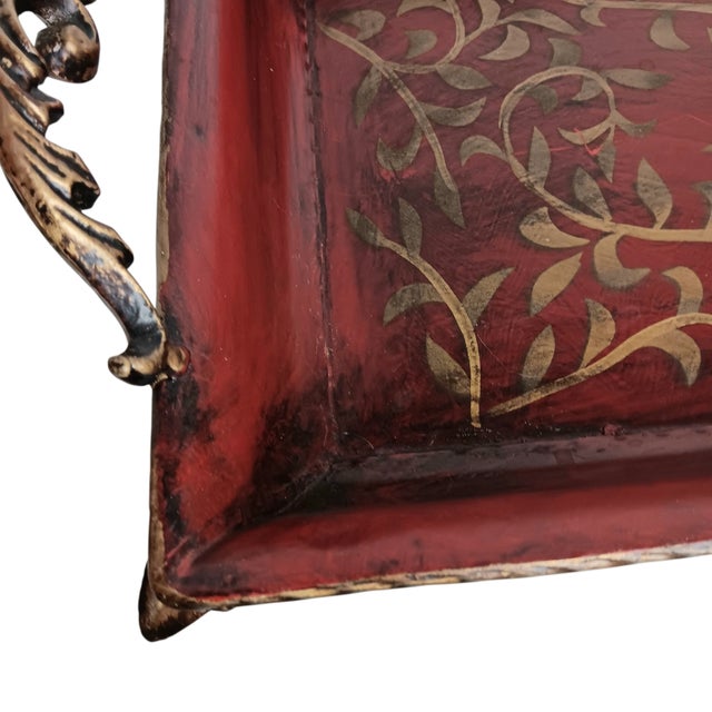 Large Metal Serving Tray Cranberry Red and Gold Leaf Vine Design Ornate Handles For Sale - Image 10 of 18