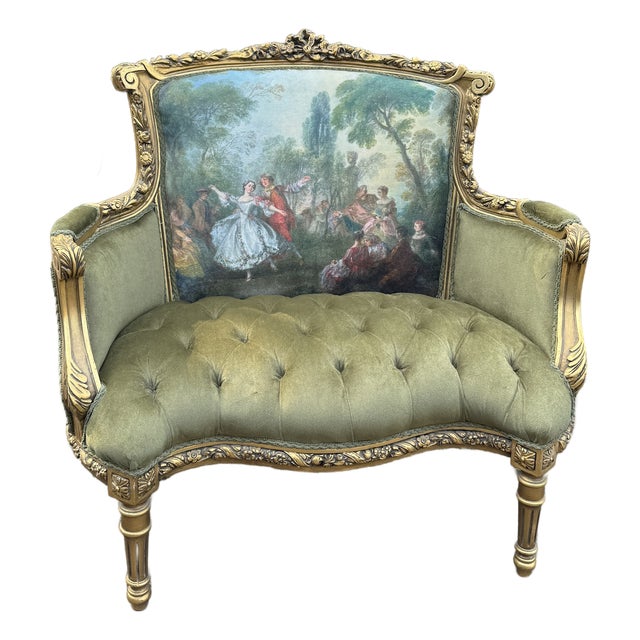 1960s French Louis XVI Gold Beech Green Velvet Loveseat 1 Pc For Sale