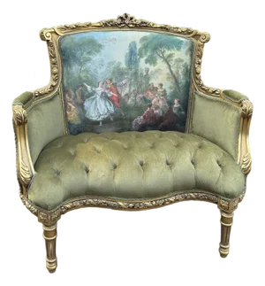 1960s French Louis XVI Gold Beech Green Velvet Loveseat 1 Pc