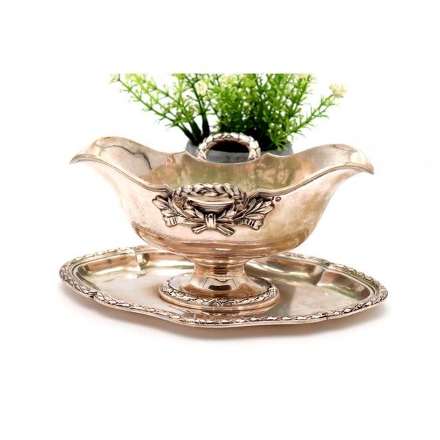Silver Gravy Boat with Plate and Beaded Handles For Sale - Image 5 of 5