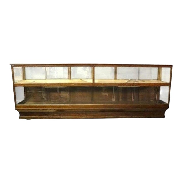 12-Foot Oak & Glass Country Store Display Cabinet C1900 For Sale