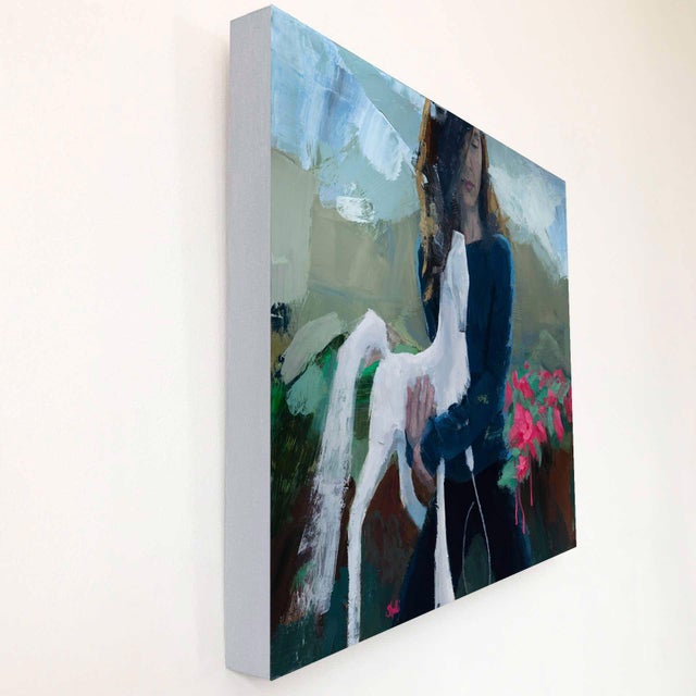 In "Rain King," a figure cradles a white horse sculpture against a backdrop of vibrant flowers and abstract landscapes....