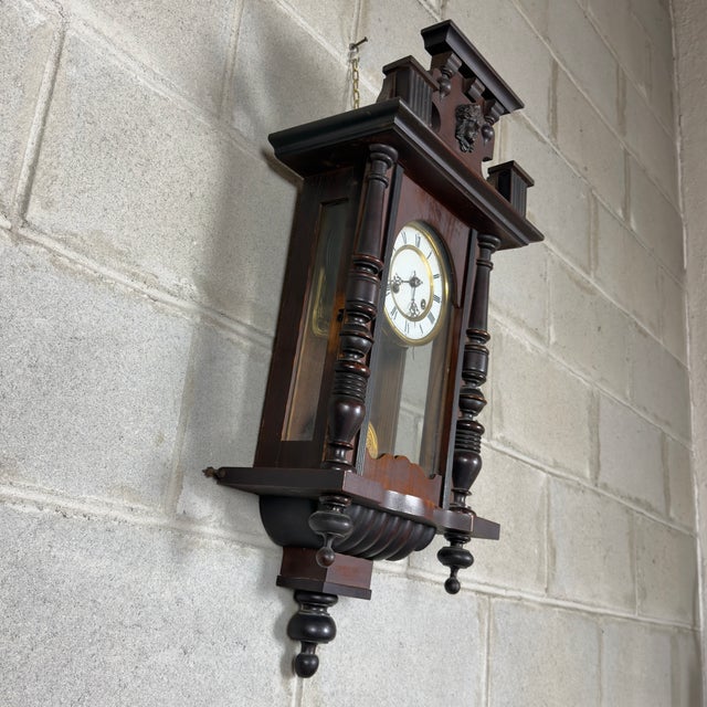 Antique Carved Wooden Pendulum Wall Clock with Mask, 1900s For Sale - Image 4 of 12