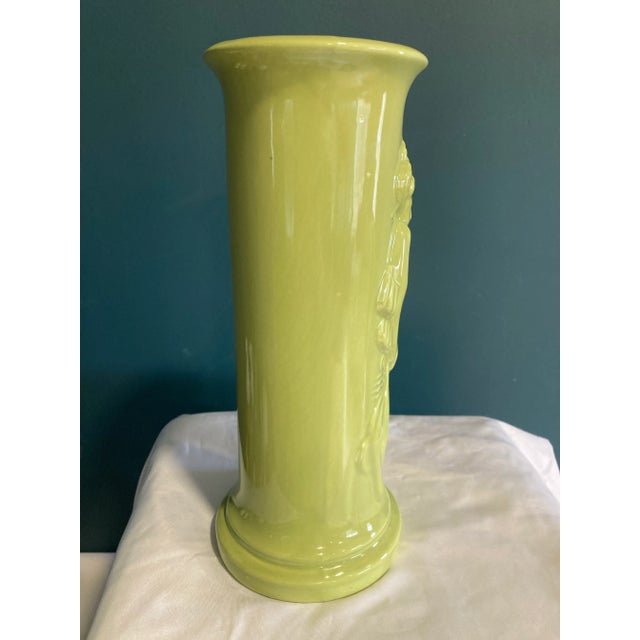 Vintage Chartreuse Green Ceramic Vase With Asian Woman Relief For Sale - Image 4 of 10