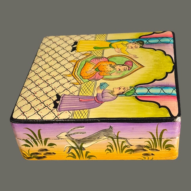 Paper Vintage Bohemian Hand Painted Lacquer Mughal-Style Kashmiri Paper Mache Box W/6 Coasters For Sale - Image 7 of 11