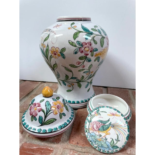 Hand Painted Majolica Jars From Portugal With Birds & Flowers - Set of 2 For Sale In Chicago - Image 6 of 12