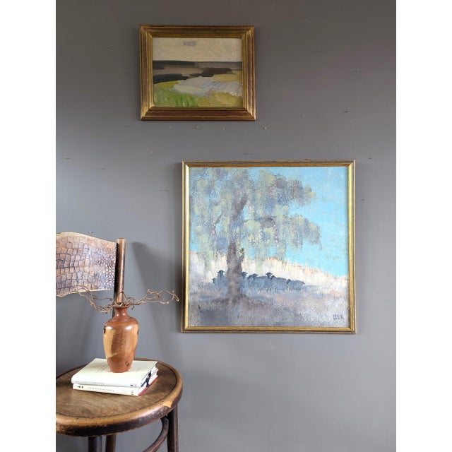 Mid-Century Modern Mid-Century Modern 'Sheep at Rest' Vintage Swedish Original Landscape Oil Painting, Framed For Sale - Image 3 of 10