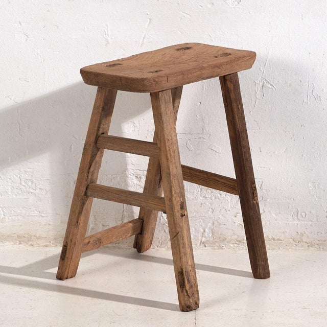 Wood Antique Rectangular Stool in Elm, 1900s For Sale - Image 7 of 7